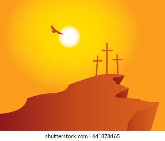 vector banner for easter with Calvary and three crosses against sunset