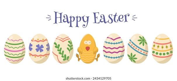 Vector banner with Easter eggs and chick. Set of painted eggs with a yellow chicken on a white background. Easter religious holiday concept. Spring design elements for holiday cards. 