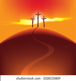 Vector banner for Easter or good Friday. Landscape with three crosses on a hill with a road with crucified people on the background of the rays of the setting sun