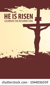 Vector banner for Easter or good Friday with words He is risen. The landscape on the religious theme with the silhouette of the cross with the crucifix