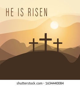 Vector banner for Easter or good Friday ith the words He is risen. Landscape on a religious theme with three crosses with crucified people at sunset in grunge style