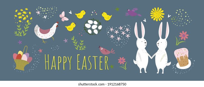 Vector banner with Easter items. Bunnies, Easter cake, hens and eggs. Vector illustration in hand drawn style.