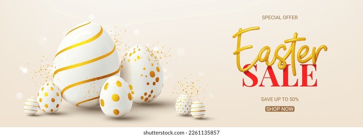 Vektorbanner für den Osterverkauf. Vektorgrafik mit realistischer goldener 3D-Schrift, Konfetti und Eier mit goldenen Mustern. Realistische 3D-Symbole von Ostern. Werbedesign für Poster, Banner.