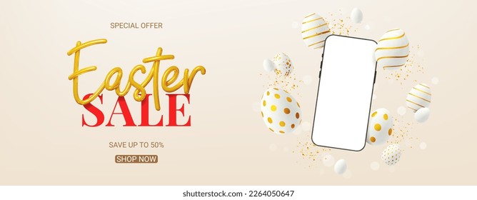 Vector banner for Easter sale. Vector holiday illustration with phone with blank display, decorative eggs and golden confetti. Happy Easter banner for presentation of products or goods.