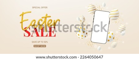 Vector banner for Easter sale. Vector holiday illustration with phone with blank display, decorative eggs and golden confetti. Happy Easter banner for presentation of products or goods.