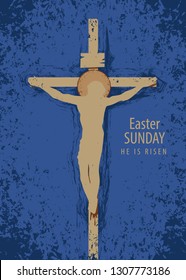 Vector banner for Easter sunday with words He is risen. Illustration on the religious theme with the silhouette of the cross with the crucifix