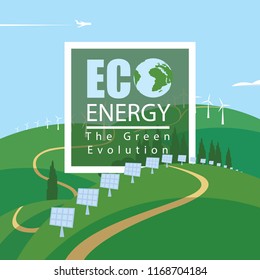 Vector banner Eco energy. Landscape with wind turbines and solar panels on the green hills, with airplane and clouds in the sky. The Green Evolution