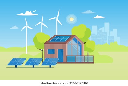 Pancarta vectorial Casa moderna y amigable con el medio ambiente, paneles solares y molinos de viento. A lo lejos se puede ver la ciudad, rascacielos. El concepto de uso de energía verde en una casa privada. Ilustración del vector 