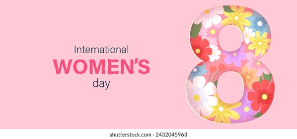 Banner vectorial con ocho números en estilo de corte de papel y flores en el fondo. Cartel de saludo por el Día Internacional de la Mujer.