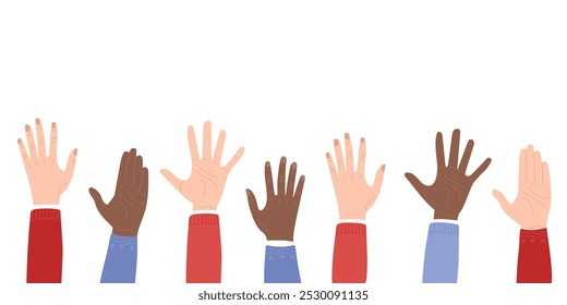 Vector banner for elections concept. Black and white hands diversity. Every vote matters. Hand drawn vector illustration in flat style. Vote poster in flat style. 2024 elections banner