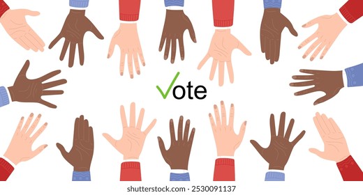 Vector banner for elections concept. Black and white hands diversity. Every vote matters. Hand drawn vector illustration in flat style. Vote poster in flat style. 2024 elections banner