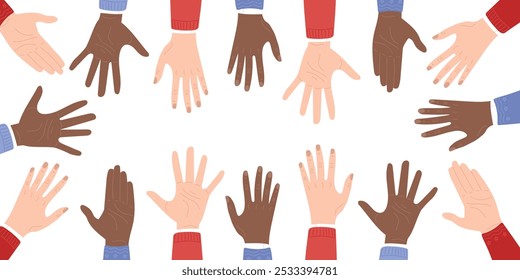 Vector banner for elections concept. Black and white hands diversity. Every vote matters. Hand drawn vector illustration in flat style. Vote poster in flat style. 2024 elections banner, protest rights