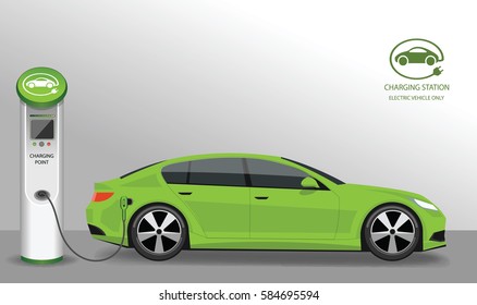 Vector banner with electric car and charging station