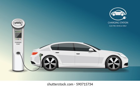 Vector banner with electric car and charging station.