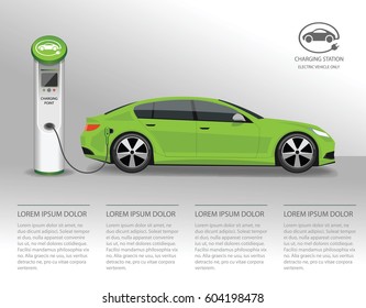 Vector banner with electric car and charging station.