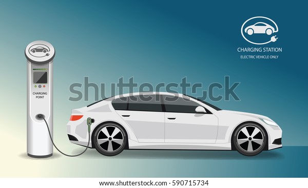 Vector\
banner with electric car and charging\
station.