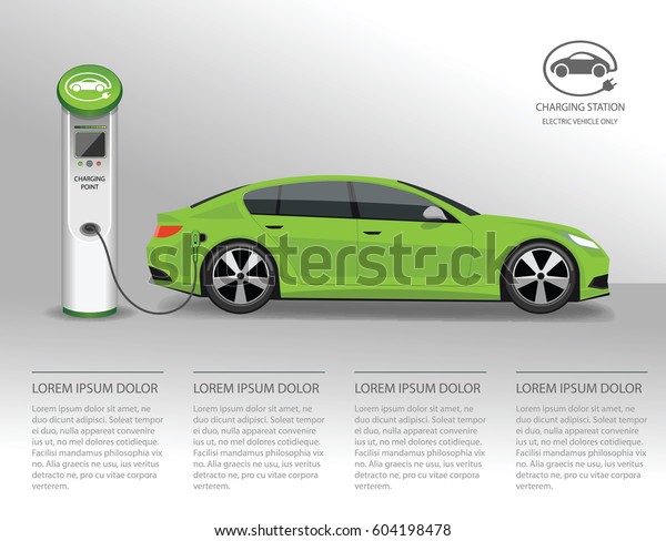 Vector\
banner with electric car and charging\
station.