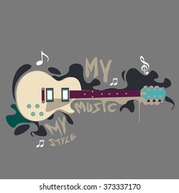 vector banner with electric guitar, brush, trumpet. my music. my style and my creativity, with colorful background.