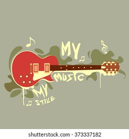 vector banner with electric guitar, brush, trumpet. my music. my style and my creativity, with colorful background.