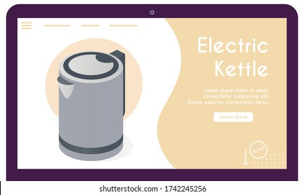 Vector Banner der elektrischen Wasserkocher in isometrischer Ansicht. Küchengerät zum Heizen von Wasser, zur Zubereitung von heißen Getränken. Illustration des Gerätes für die moderne Inneneinrichtung. Entwurf der Bannervorlage, Zielseite