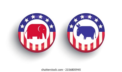 Vector banner with elephant and donkey on isolated background. Vector poster for United States presidential election 2024. Election of USA. American the Democrats and the Republicans.