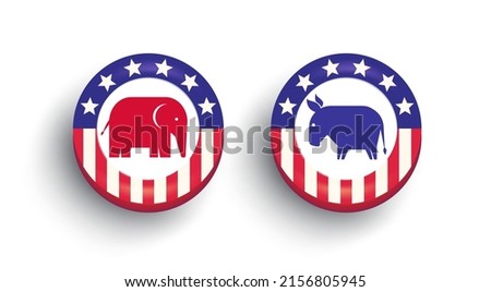 Vector banner with elephant and donkey on isolated background. Vector poster for United States presidential election 2024. Election of USA. American the Democrats and the Republicans.