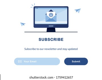 Vector Banner Of Email Marketing. Envelope. Subscription To Newsletter, News, Offers, Promotions. Computer, PC. Buttons Template. Subscribe, Submit. Send By Mail. Blue And White. Eps 10