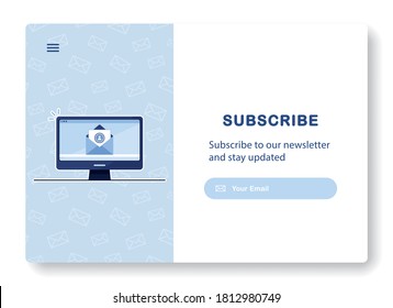 Vector banner of email marketing. Envelope. Subscription to newsletter, news, offers, promotions. Computer, PC. Buttons template. Subscribe. Send by mail. Blue and White. Eps 10