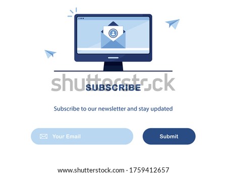 Vector banner of email marketing. Envelope. Subscription to newsletter, news, offers, promotions. Computer, PC. Buttons template. Subscribe, submit. Send by mail. Blue and White. Eps 10