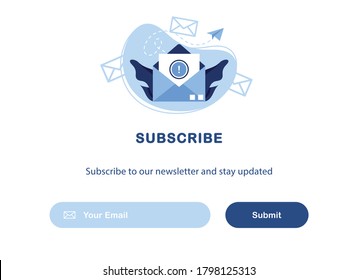 Vector banner of email marketing. Subscription to newsletter, news, offers, promotions. Follow me. A letter in an envelope. Buttons template. Subscribe, submit. Send by mail. Blue and White. Eps 10