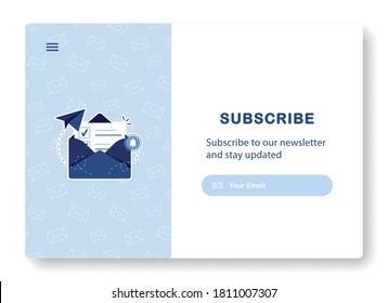 Vector banner of email marketing. Subscription to newsletter, news, offers, promotions. A letter in an envelope. Mock up template. Subscribe. Send by mail. Follow me. Blue. Eps 10