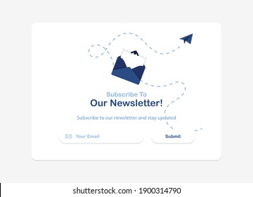 Vector banner of email marketing. Subscription to newsletter, news, offers, promotions. A letter in an envelope. Buttons template. Subscribe, submit. Send by mail. Follow me. Blue. Eps 10