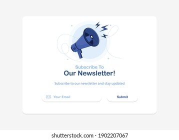 Vector banner of email marketing. Subscription to newsletter, news, offers, promotions. Megaphone or loudspeaker. Buttons template. Subscribe, submit. Send by mail. Follow me. Blue. Eps 10 - Shutterstock ID 1902207067