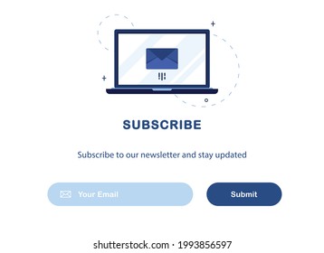 Vector banner of email marketing. Subscription to newsletter, news, offers, promotions. A letter in envelope on laptop. Buttons template. Subscribe, submit. Send by mail. Follow me. Blue. Eps 10