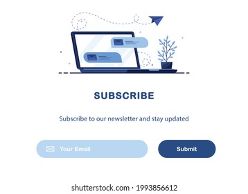 Vector banner of email marketing. Subscription to newsletter, news, offers, promotions. A letter in envelope on laptop. Buttons template. Subscribe, submit. Send by mail. Follow me. Blue. Eps 10