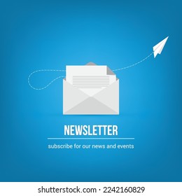 Vector banner of email marketing. Subscription to newsletter, news, offers, promotions. A letter in an envelope Subscribe, submit. Send by mail. Follow me.