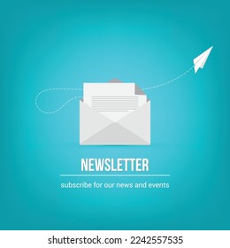 Vector banner of email marketing. Subscription to newsletter, news, offers, promotions. A letter in an envelope Subscribe, submit. Send by mail. Follow me.