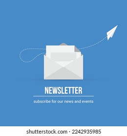 Vector banner of email marketing. Subscription to newsletter, news, offers, promotions. A letter in an envelope Subscribe, submit. Send by mail. Follow me.