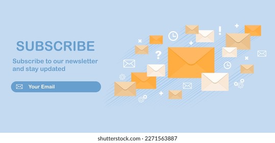 Cartel vector para el email marketing. Suscripción al boletín, noticias, ofertas, promociones. Carta en un sobre.