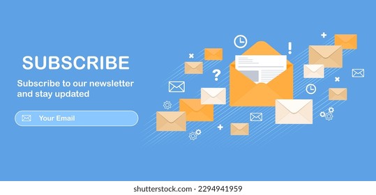 Cartel vector para el email marketing. Suscripción al boletín, noticias, ofertas, promociones. Carta en un sobre. Abrir sobre con letra. 