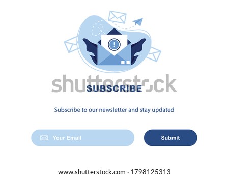 Vector banner of email marketing. Subscription to newsletter, news, offers, promotions. Follow me. A letter in an envelope. Buttons template. Subscribe, submit. Send by mail. Blue and White. Eps 10