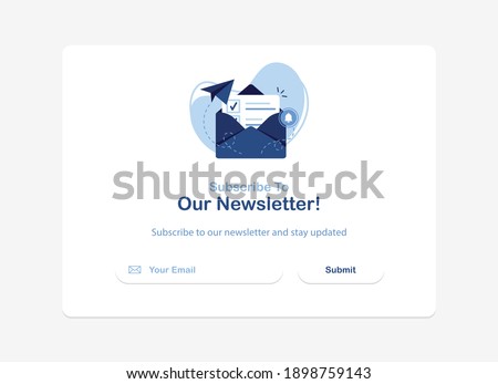 Vector banner of email marketing. Subscription to newsletter, news, offers, promotions. A letter in an envelope. Buttons template. Subscribe, submit. Send by mail. Follow me. Blue. Eps 10