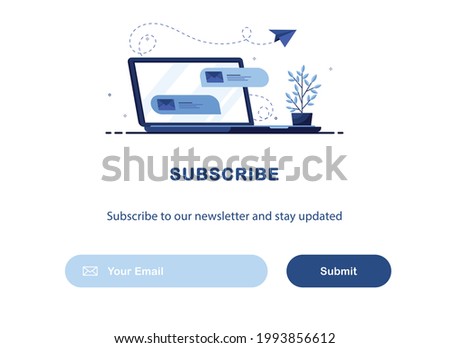 Vector banner of email marketing. Subscription to newsletter, news, offers, promotions. A letter in envelope on laptop. Buttons template. Subscribe, submit. Send by mail. Follow me. Blue. Eps 10