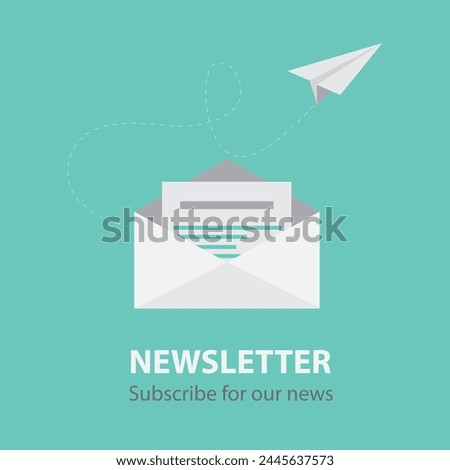 Vector banner of email marketing. Subscription to newsletter, news, offers, promotions. A letter in an envelope Subscribe, submit. Send by mail. Follow me.