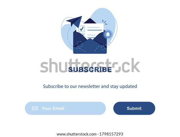 Vector banner of email marketing. Subscription to\
newsletter, news, offers, promotions. A letter in an envelope.\
Buttons template. Subscribe, submit. Send by mail. Follow me. Blue.\
Eps 10