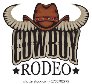 Vector banner or emblem for a Cowboy Rodeo show in retro style. Cowboy hat with bull horns and lettering. Suitable for poster, logo, icon, badge, flyer, invitation, tattoo, t-shirt design