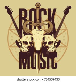 Vector banner or emblem with words Rock music, electric guitars, a skull of a bull pierced by a sword and two human skulls on the background of a pentagram