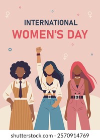 Vector banner for the Equality Day holiday. Three women of different skin colors, united by the idea of ​​equality and strength, empowerment. For women's projects, websites, postcards, advertising