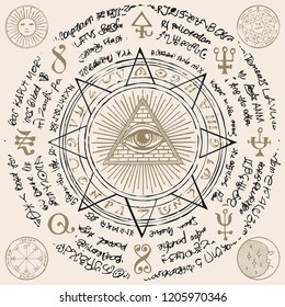 Vector banner with Eye of Providence. All-seeing eye inside triangle pyramid. Symbol Omniscience. Luminous Delta. Ancient mystical sacral illuminati symbol with magical inscriptions on beige backdrop