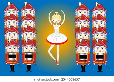 Vector banner with fabulous Christmas characters The Nutcracker and the ballerina. A ballerina surrounded by Nutcrackers. A Christmas tale for children. A Christmas card. Vector illustration